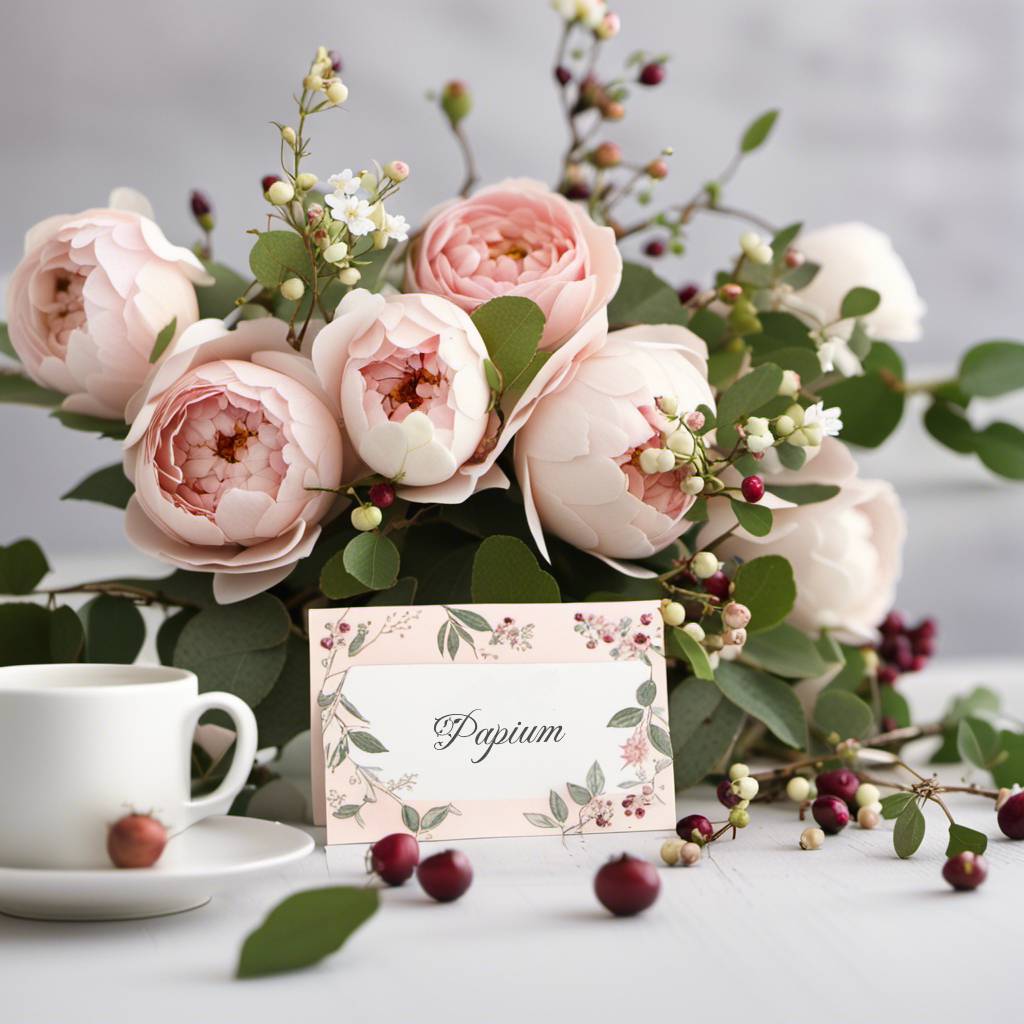 wedding place card in front of beautiful bouqet of flowers on a table